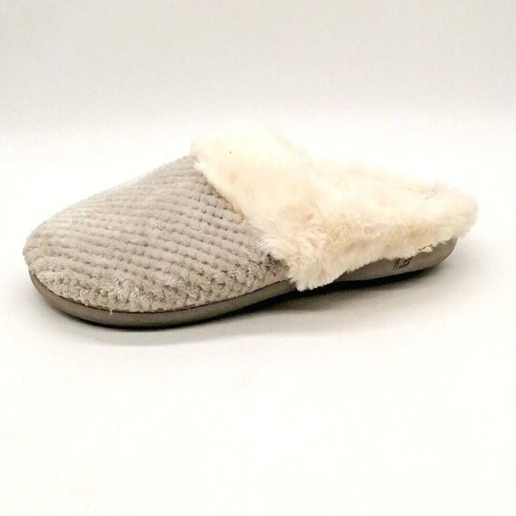 Temi‎ Womens Slide Slipper Gray Chenille Faux Fur Lining Trim Flat Heel M 7-8 - Picture 1 of 9